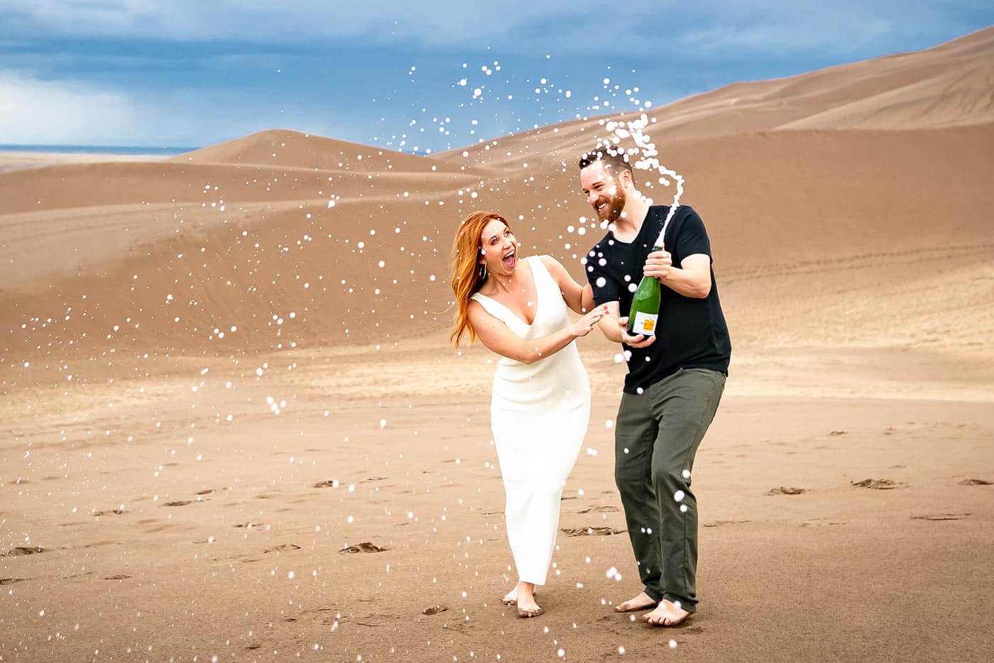 Great Sand Dunes National Park Preserve Engagement Photos Summer Colorado Champagne Pop