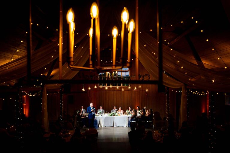 A bride's father gives a toast at their wedding reception