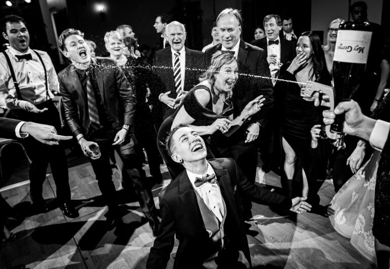 Champagne guns on the dance floor during a reception at the Donavon Pavilion in Vail