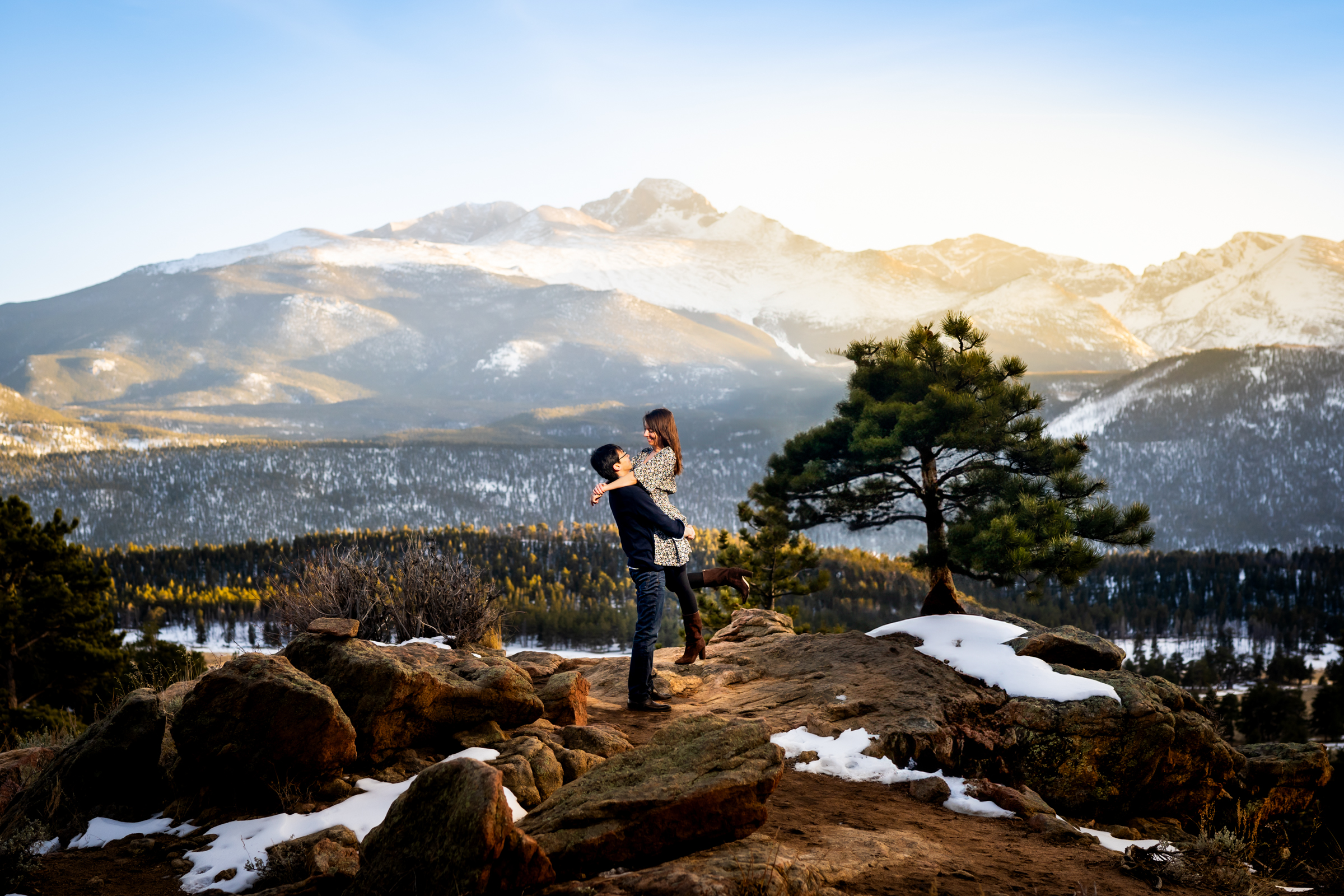 Winter engagement photos at 3 Mile Curve at Rocky Mountain National Park in Estes Park