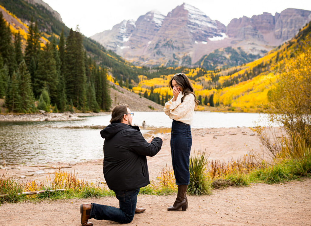 Proposal at Maroon Bells during fall at Crater Lake