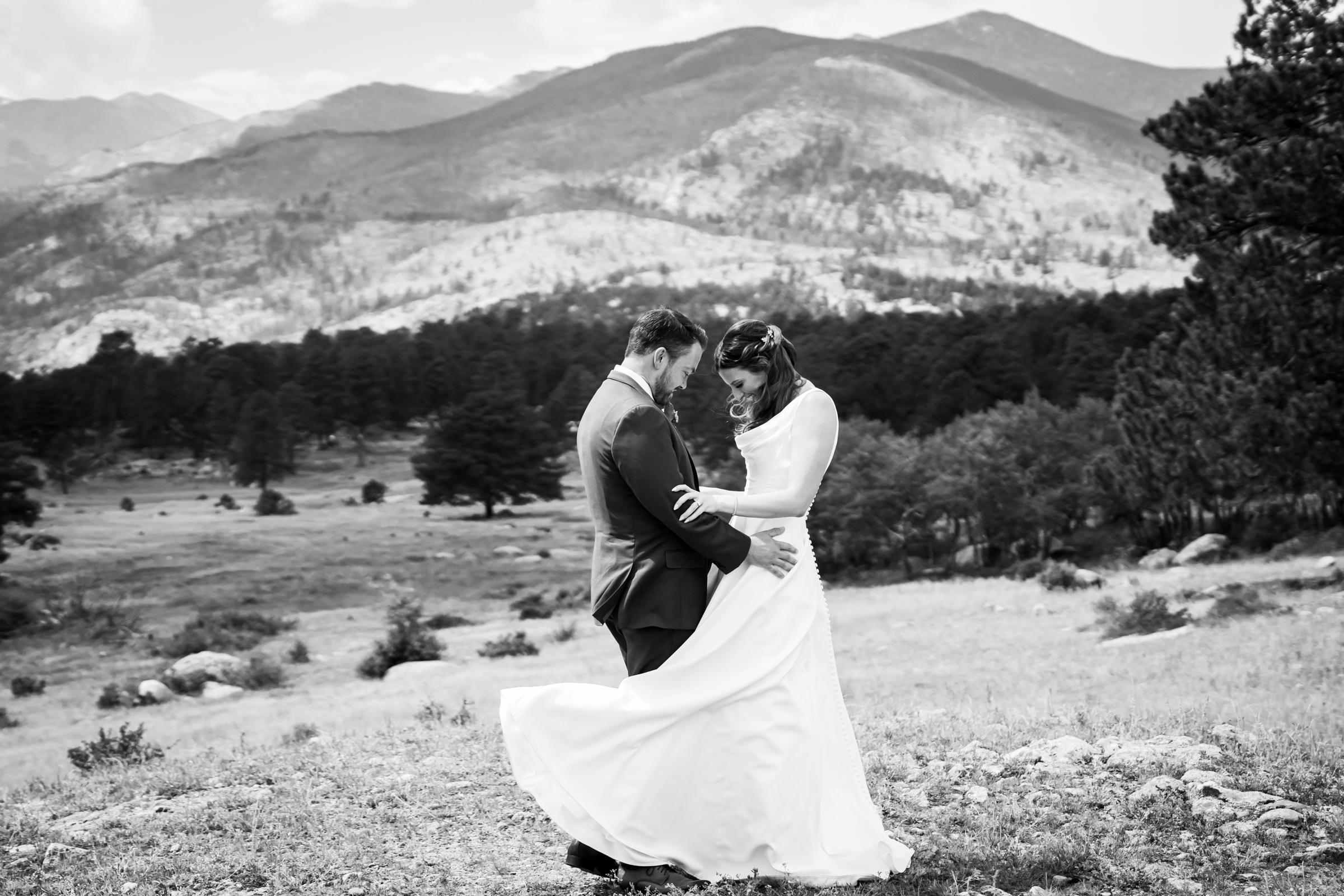 Bride and grooms share first look at Rocky Mountain National Park with the mountains and meadows in the distance