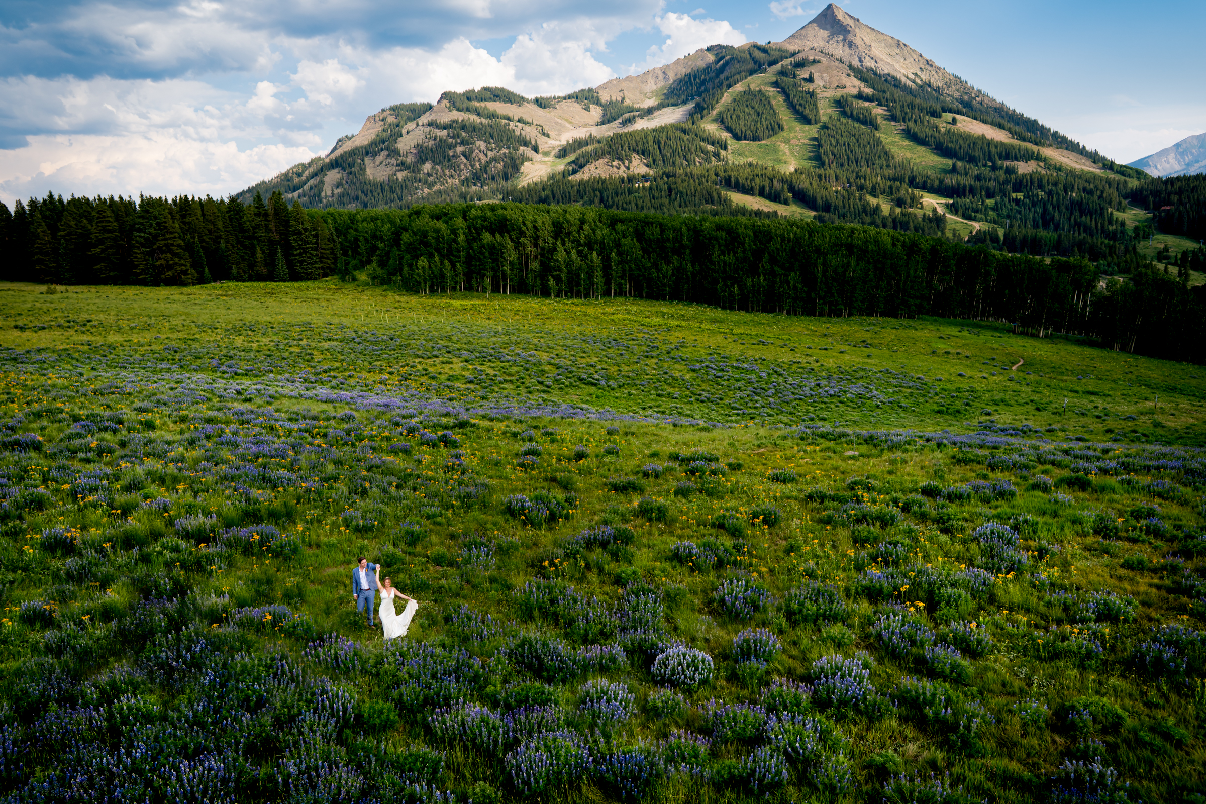 Bride and groom take portraits in field full of purple wildflowers with Mount Crested Butte behind them during the wildflower season in Crested Butte